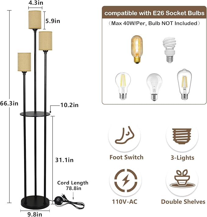 Boho Floor Lamp with Shelves, Black Floor Lamp with Hand-woven Shade, 3-Lights Corner Display Standing Lamp, Farmhouse Rustic Floor Lamps For Living Room, Bedroom, Office, Metal Tall Lamp for Reading - LeafyLoom