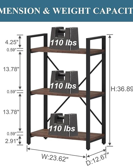 BON AUGURE 3 Tier Industrial Bookshelf, Office Small Open Book Shelf for Small Space, Short Wooden Etagere Bookcase (Rustic Oak) - LeafyLoom