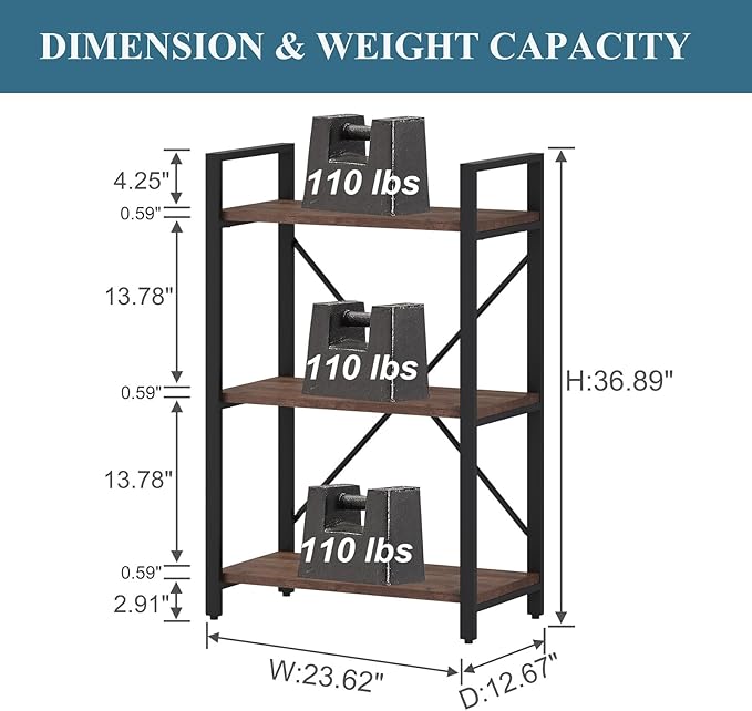 BON AUGURE 3 Tier Industrial Bookshelf, Office Small Open Book Shelf for Small Space, Short Wooden Etagere Bookcase (Rustic Oak) - LeafyLoom