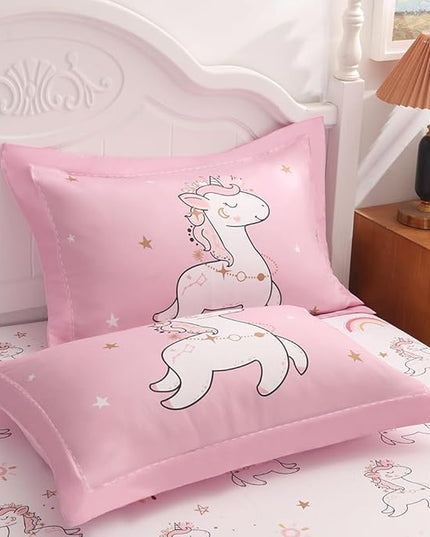 Wajade Kids Pink Unicorn Comforter Set Bed in A Bag Queen Size 7 Piece Cute Unicorn Rainbow Clouds Bedding Set for Girls (1 Comforter, 1 Flat Sheet, 1 Fitted Sheet, 2 Pillowcase and 2 Pillow Sham) - LeafyLoom