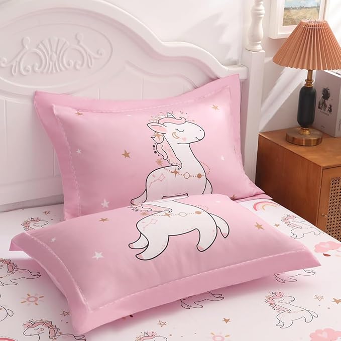 Wajade Kids Pink Unicorn Comforter Set Bed in A Bag Queen Size 7 Piece Cute Unicorn Rainbow Clouds Bedding Set for Girls (1 Comforter, 1 Flat Sheet, 1 Fitted Sheet, 2 Pillowcase and 2 Pillow Sham) - LeafyLoom