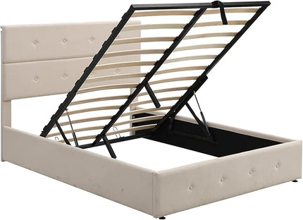 Upholstered Full Size Bed Gas Lift Up Storage Platform Bed Frame with Tufted Headboard Wooden Slat Support & Under Bed Storage, No Box Spring Needed - LeafyLoom