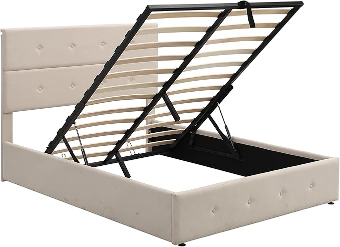 Upholstered Full Size Bed Gas Lift Up Storage Platform Bed Frame with Tufted Headboard Wooden Slat Support & Under Bed Storage, No Box Spring Needed - LeafyLoom