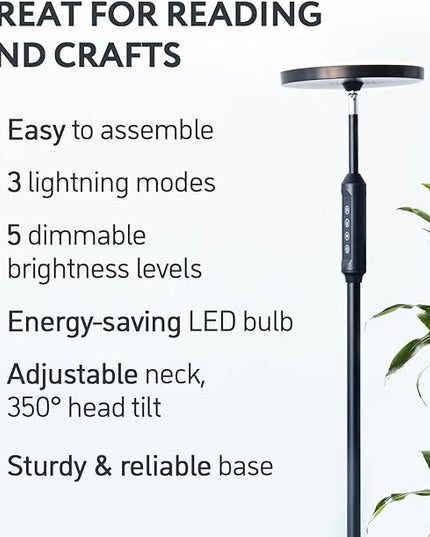 LED Daylight Floor Lamp - Free Standing Lamps for Living Room or Bedroom - 24W Black Modern Uplight Torchiere Stand Light- 3 Dimmable Modes - Natural Day, Warm, Super Bright - Corner Tall Torch Lights - LeafyLoom