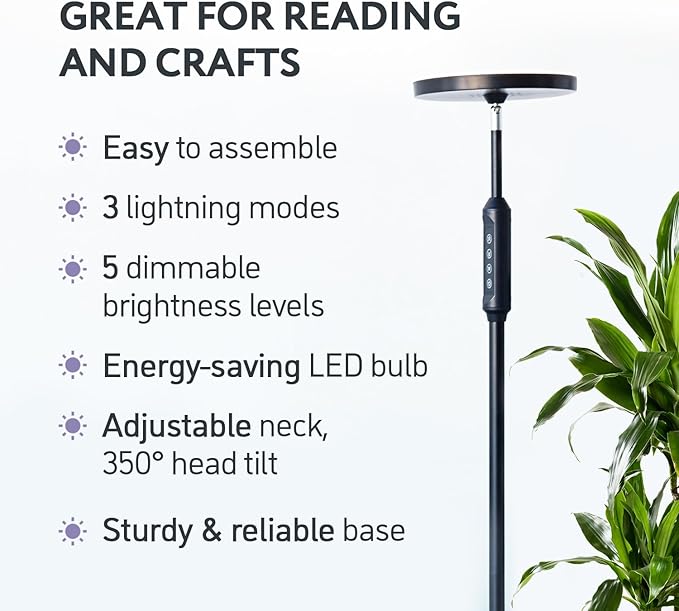 LED Daylight Floor Lamp - Free Standing Lamps for Living Room or Bedroom - 24W Black Modern Uplight Torchiere Stand Light- 3 Dimmable Modes - Natural Day, Warm, Super Bright - Corner Tall Torch Lights - LeafyLoom