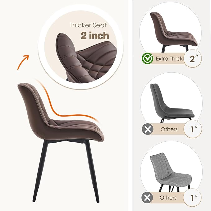 YOUNUOKE Dining Chairs Set of 2 Mid Century Modern Kitchen Chair Comfortable Upholstered Faux Leather Dinner Chairs for Kitchen Dining Room, Brown - LeafyLoom