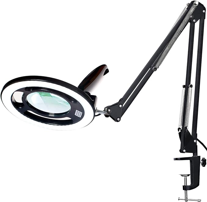 10X Magnifying Glass with Light, KIRKAS 2,200 Lumens LED Magnifying Lamp with Clamp, Stepless Dimmable Real Glass Lens Magnifier, Adjustable Arm Workbench Light for Close Work Hobby Repair - Black - LeafyLoom