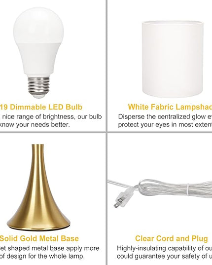 Gold Bedside Lamp Touch Control Table Lamp for Bedroom, 3-Way Dimmable Nightstand Lamp with White Shade, Modern Table Lamp for Living Room, Minimalist Desk Lamp for Dorm, Home, Office, Bulb Included - LeafyLoom