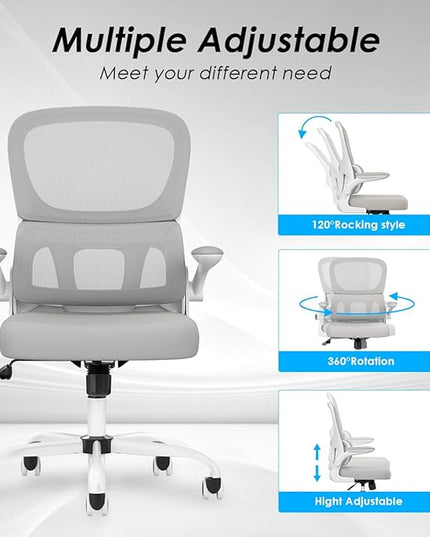 Soohow Ergonomic Home Office Chair, Mesh Desk Chair with Lumbar Support, Comfy Computer Desk Chair with Flip Armrest Rolling Wheels, Grey. - LeafyLoom