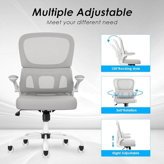 Soohow Ergonomic Home Office Chair, Mesh Desk Chair with Lumbar Support, Comfy Computer Desk Chair with Flip Armrest Rolling Wheels, Grey. - LeafyLoom