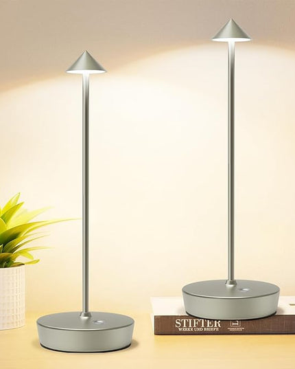 Set of 2 Rechargeable Cordless Table Lamp,6000mAh LED Battery Operated Desk Lamp Touch 3 Color Dimming Portable Outdoor Waterproof Table Light for Patio/Restaurant/Dining/Home (silvery) - LeafyLoom
