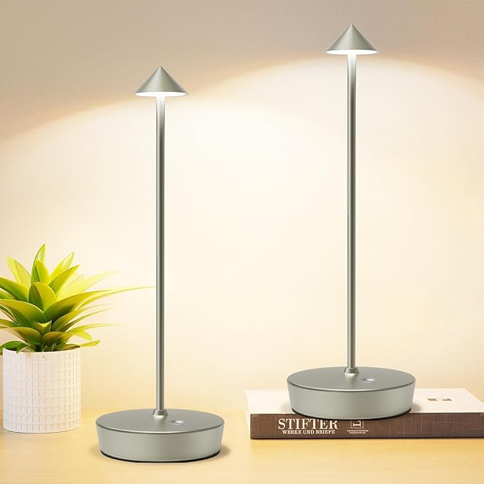 Set of 2 Rechargeable Cordless Table Lamp,6000mAh LED Battery Operated Desk Lamp Touch 3 Color Dimming Portable Outdoor Waterproof Table Light for Patio/Restaurant/Dining/Home (silvery) - LeafyLoom