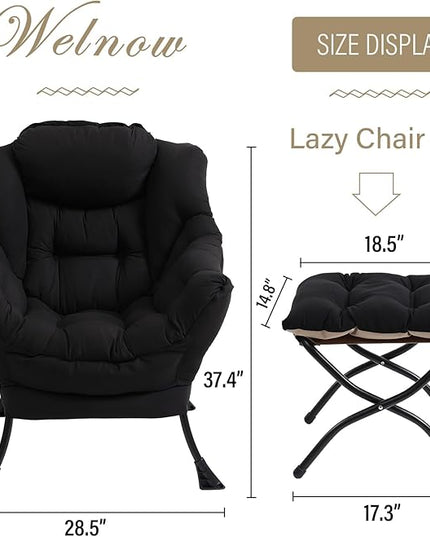 Welnow Lazy Chair with Ottoman, Modern Lounge Accent Chair with Armrests and a Side Pocket, Leisure Sofa Chair Set, Reading Chair with Footrest for Small Space, Corner Chair, Black - LeafyLoom
