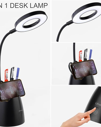 Desk Lamp, Desk Lamps for Home Office, Touchable, Remote Controlled, Dimmable, 3 Color Modes, Gooseneck, Black Table Light for Bedrooms, Led Desk Light, Small Office Lamp, Dorm Room Essentials - LeafyLoom