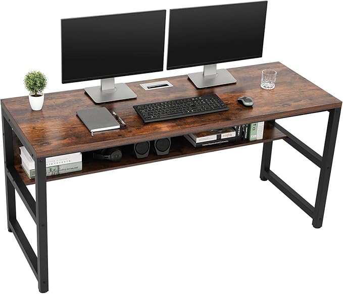 TOPSKY Computer Desk with Bookshelf/Metal Hole Cable Cover 1.18" Thick Desk (Rustic Brown, 63") - LeafyLoom