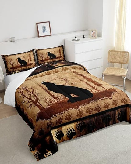 Feelyou Cute Wolf Comforter Set for Girls Boys Kids Wolves Howling Bedding Set Room Decorative Animal Wolves Tree Pattern Bedding Set Exotic Style Brown Black Duvet Set Queen Size 3Pcs Quilt Set - LeafyLoom