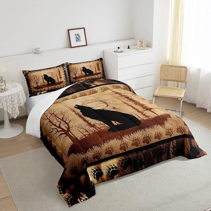 Feelyou Cute Wolf Comforter Set for Girls Boys Kids Wolves Howling Bedding Set Room Decorative Animal Wolves Tree Pattern Bedding Set Exotic Style Brown Black Duvet Set Queen Size 3Pcs Quilt Set - LeafyLoom