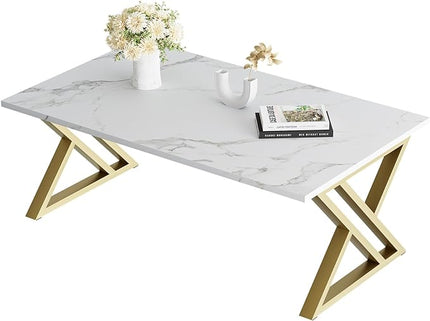 Coffee Table Living Room Table White Center Table, Simple Modern Faux Marble Rectangular Tea Table with Sturdy Gold-Finished Metal Frame,Industrial Wooden Coffee Table for Bedroom Home Office - LeafyLoom
