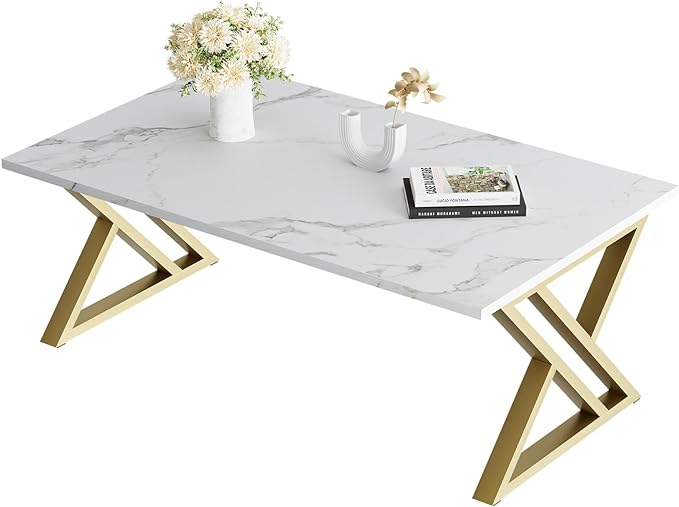 Coffee Table Living Room Table White Center Table, Simple Modern Faux Marble Rectangular Tea Table with Sturdy Gold-Finished Metal Frame,Industrial Wooden Coffee Table for Bedroom Home Office - LeafyLoom
