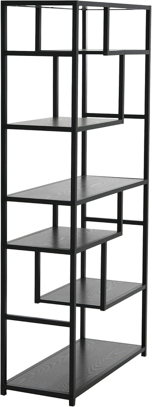 Household Essentials Black Oak Geometric Tall Open Book Shelf | Mid Century Modern Shelves - LeafyLoom