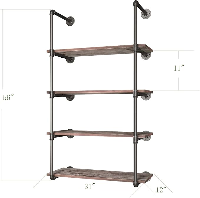 Yuanshikj (56" Tall Industrial Pipe with 31" Solid Wood Shelf/Shevles/Shelving Bookshelf/Bookcase Metal Iron Pipe Rustic Open DIY Display Wall Mounted for Living/Bed/Office Room Decor Storage - LeafyLoom