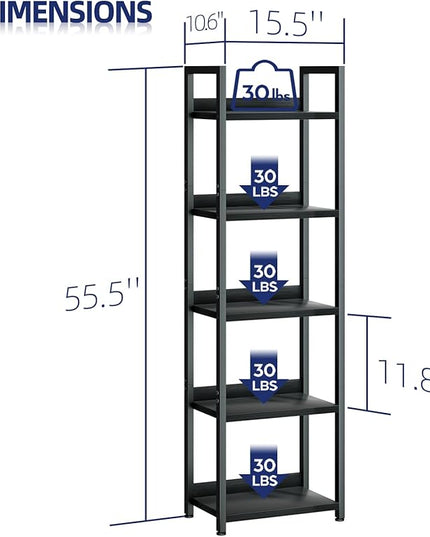 NUMENN Narrow Bookshelf, 5 Tier Bookshelves, Home Office Bookcase Shelf Storage Organizer, Free Standing Storage Shelving Unit for Bedroom, Living Room and Home Office, Black - LeafyLoom