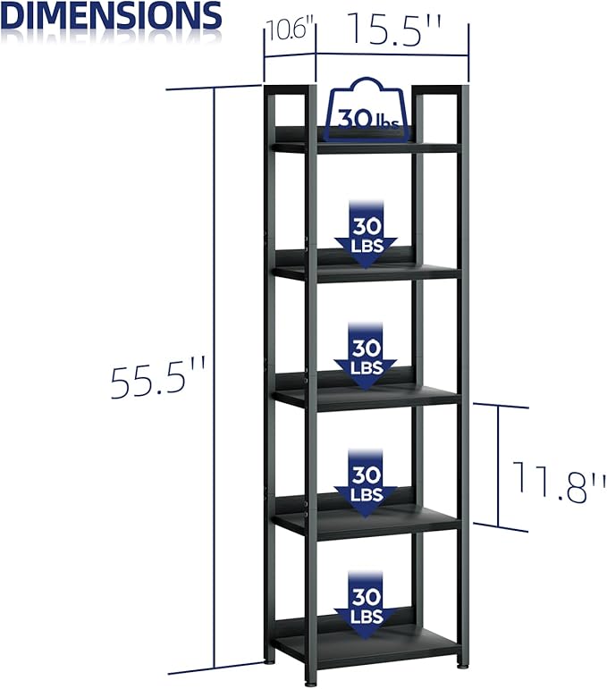 NUMENN Narrow Bookshelf, 5 Tier Bookshelves, Home Office Bookcase Shelf Storage Organizer, Free Standing Storage Shelving Unit for Bedroom, Living Room and Home Office, Black - LeafyLoom