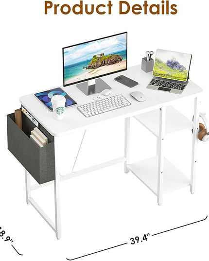 Computer Desk, 39.3” Home Office Desks, Modern Small Desk for Bedroom, Gaming Desk with Iron Hook and Height Adjustable Feet, Sturdy Student Writing Desk with Storage Bag, Storage Shelves - LeafyLoom