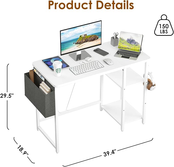 Computer Desk, 39.3” Home Office Desks, Modern Small Desk for Bedroom, Gaming Desk with Iron Hook and Height Adjustable Feet, Sturdy Student Writing Desk with Storage Bag, Storage Shelves - LeafyLoom