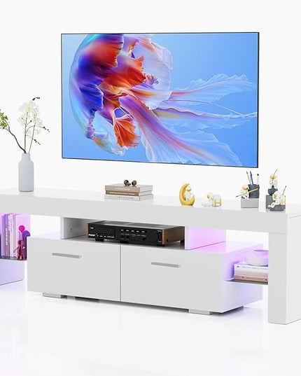 HOUAGI LED TV Stand for 50/55/60/65/70 Inch TVs,Modern Entertainment Center with Storage Drawer and Glass shelf, TV Console Table for Living room,Bedroom,White - LeafyLoom