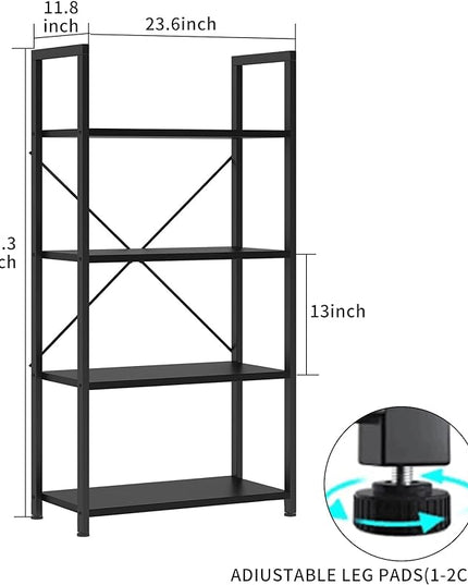 VERMESS Industrial Bookshelf, 4-Tier 24inch Black Shelving Unit Wood Bookcase with Open Shelves, Rustic Standing Bookshelves Metal Frame Display Rack for Living Room,Bedroom, 24 * 11.8 * 47.2inch - LeafyLoom