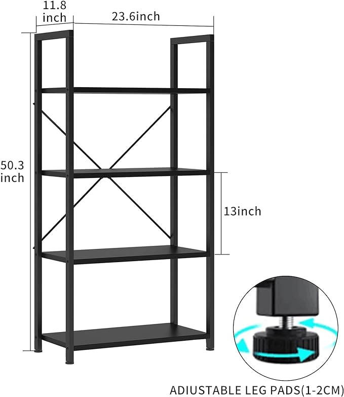 VERMESS Industrial Bookshelf, 4-Tier 24inch Black Shelving Unit Wood Bookcase with Open Shelves, Rustic Standing Bookshelves Metal Frame Display Rack for Living Room,Bedroom, 24 * 11.8 * 47.2inch - LeafyLoom