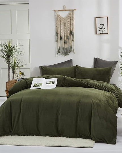 Wellboo Olive Green Velvet Comforter Sets Twin Size Fluffy Army Green Bedding Comforters Soft Women Men Solid Dark Green Flannel Quilt Modern Blackish Green Sherpa Bed Puffy Military Green Blankets - LeafyLoom