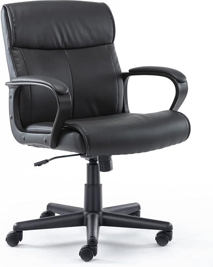 Office Chair - Mid-Back Computer Desk Chair with Armrests, Height Adjustable Home Chair, 360-Degree Swivel, Lumbar Support, PU Leather, Black, Modern - LeafyLoom