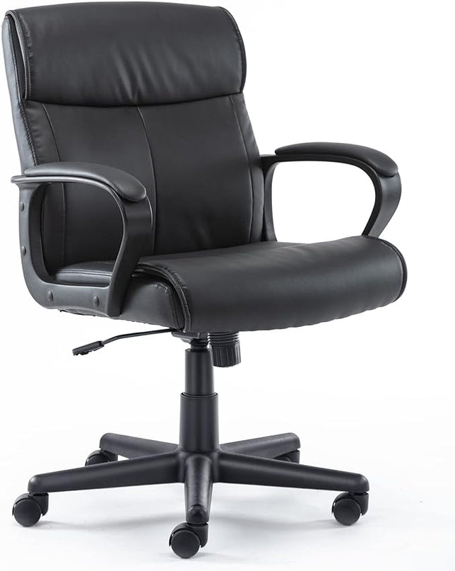 Office Chair - Mid-Back Computer Desk Chair with Armrests, Height Adjustable Home Chair, 360-Degree Swivel, Lumbar Support, PU Leather, Black, Modern - LeafyLoom