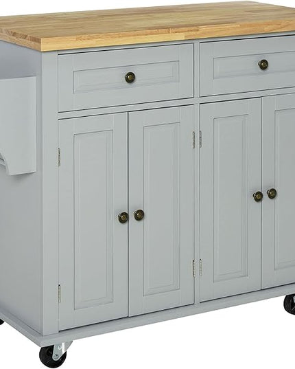 HOMCOM Kitchen Island on Wheels, Rolling Cart with Rubberwood Top, Spice Rack, Towel Rack and Drawers for Dining Room, Grey - LeafyLoom
