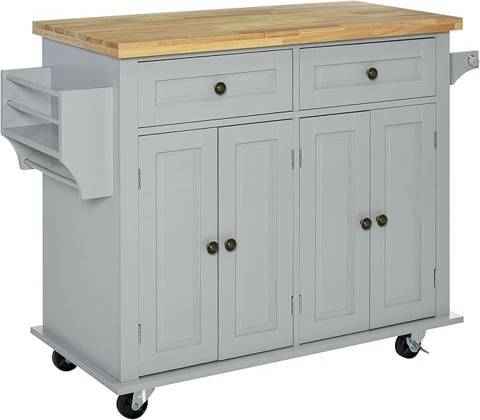 HOMCOM Kitchen Island on Wheels, Rolling Cart with Rubberwood Top, Spice Rack, Towel Rack and Drawers for Dining Room, Grey - LeafyLoom