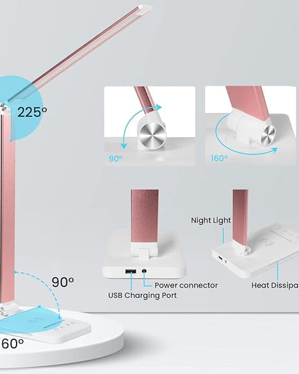 LED Desk Lamp with Night Light, Fast Wireless Charger, USB Charging Port, 10 Brightness, 5 Color Modes, Dimmable Bedside Table Lamp for Bedroom, Touch Control, Auto Timer, 1200Lux Super Bright - LeafyLoom