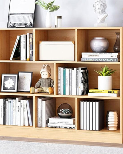 IOTXY Open Shelf Low Bookcase - Wooden 3-Tier Floor Standing Display Cabinet Organizer with Base, 8 Cubes Short Horizontal Bookshelf in Pear Yellow - LeafyLoom