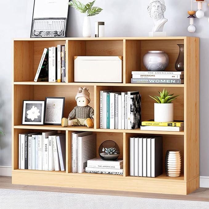 IOTXY Open Shelf Low Bookcase - Wooden 3-Tier Floor Standing Display Cabinet Organizer with Base, 8 Cubes Short Horizontal Bookshelf in Pear Yellow - LeafyLoom