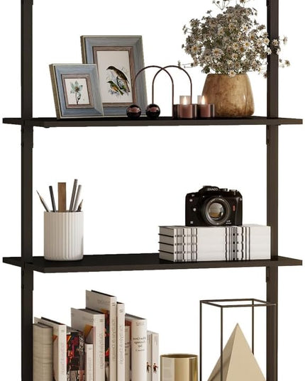 Panana 6 Tier Tall Modern Bookshelf, Industrial Ladder Shelf Open Space Wall Mount Bookshelf with Metal Frame Sturdy Bookcase for Living Room (Black, 6-Tier) - LeafyLoom