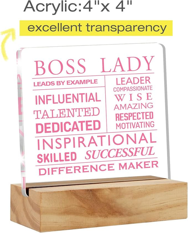 Inspirational Boss Appreciation Gift Boss Lady Gifts for Women, Pink Boss Lady Desk Decor Acrylic Desk Plaque Sign with Wood Stand Home Office Desk Sign Keepsake - LeafyLoom
