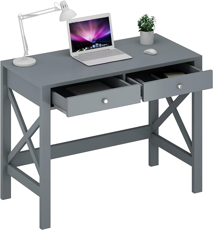 ChooChoo Home Office Desk Writing Computer Table Modern Design Desk with Drawers (Grey) - LeafyLoom