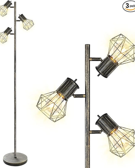 BoostArea Industrial Floor Lamp, Tree-Bronze Gold, 3 Diamond-Shaped Lamp Cages, 3pcs 6W LED Bulbs Included, Eco-Friendly, Reliable Quality, Easy Assembly, Match with Multiple Home Styles - LeafyLoom