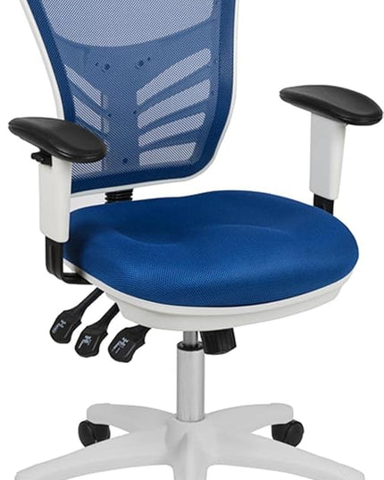 Flash Furniture Nicholas Mid-Back Blue Mesh Multifunction Executive Swivel Ergonomic Office Chair with Adjustable Arms and White Frame - LeafyLoom