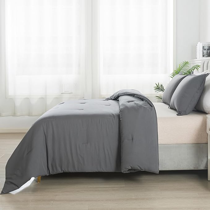 Dark Gray Comforter Set King, Solid Grey Down Alternative Bedding Comforter Set, Breathable Fluffy Microfiber Comforter King Size (104"x90") for All Seasons with Pillowcase… - LeafyLoom