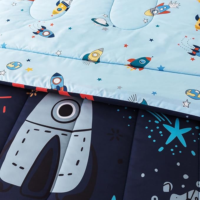 ADASMILE A & S Kids Space Comforter Set 6 Pieces Space Bedding Twin Size for Boys Space Ship Rocket Bedding Galaxy Bed in a Bag Comforter Twin Outer Space Bed Set with Blue Space Sheets Home Decor - LeafyLoom