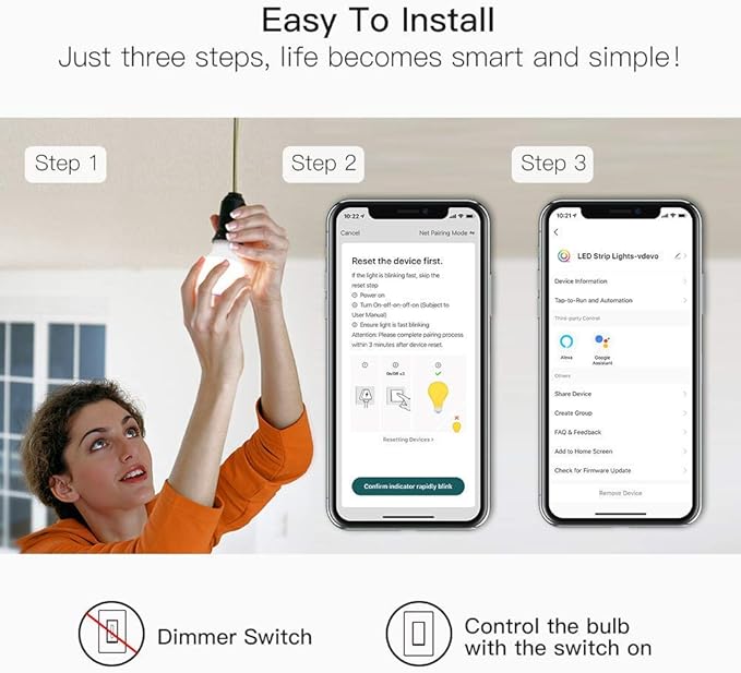 TREATLIFE Smart Light Bulbs, WiFi LED Light Bulb, Dimmable Smart Bulb Works with Alexa, Google Home, SmartThings, Warm White& Cool White(2700K-6500K), 2.4Ghz, 800LM, E26, A19, 9W, No Hub Required TREATLIFE