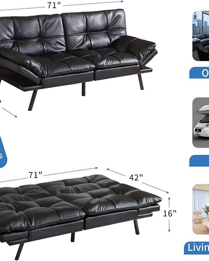 MUUEGM Faux Leather Futon Sofa Bed, Convertible Memory Foam Couch Bed, Modern Love Seat for Living Room,Compact Space,Apartment,Office,Adjustable Backrests Armrests Couch Sleeper,71" Black - LeafyLoom