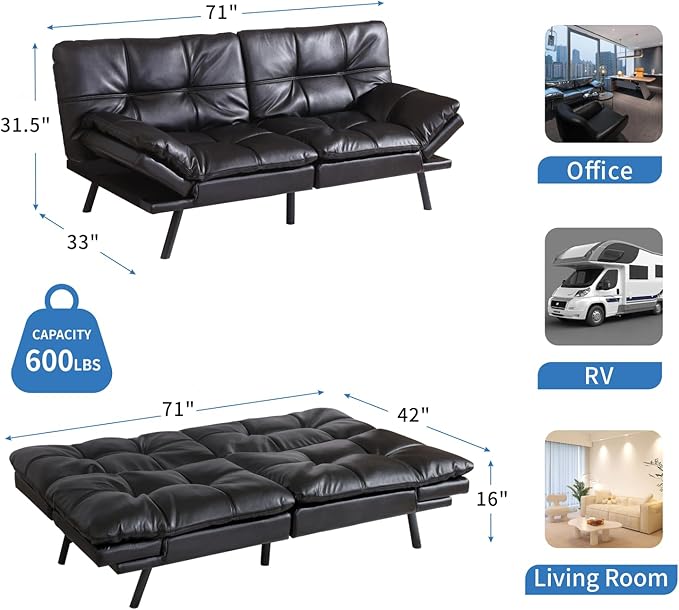 MUUEGM Faux Leather Futon Sofa Bed, Convertible Memory Foam Couch Bed, Modern Love Seat for Living Room,Compact Space,Apartment,Office,Adjustable Backrests Armrests Couch Sleeper,71" Black - LeafyLoom